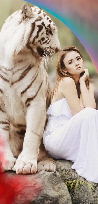 White tiger and woman in a tranquil forest scene.