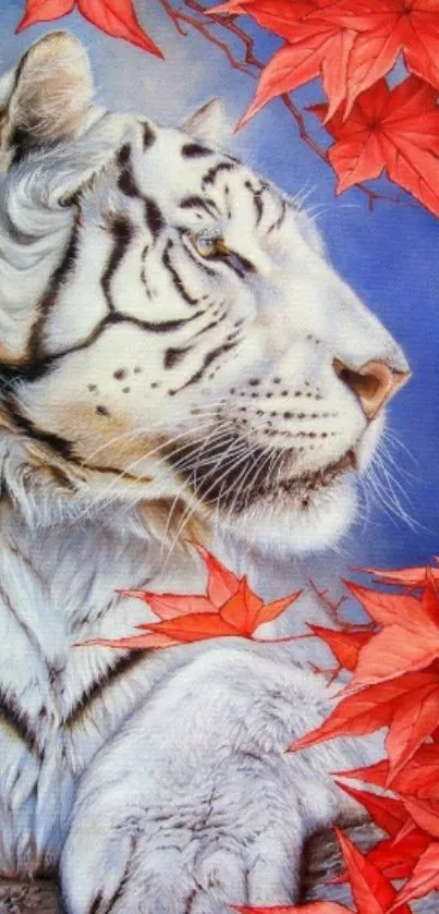 White tiger with red leaves and blue background wallpaper.