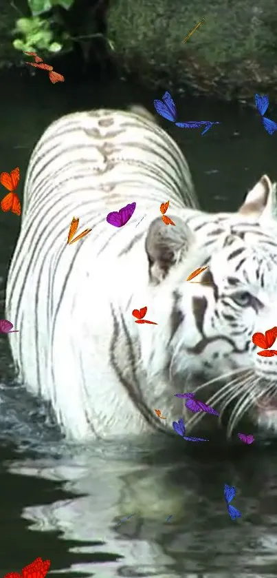 Majestic white tiger with colorful butterflies in a natural setting.