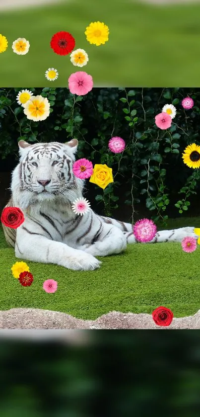 White tiger surrounded by colorful flowers on green grass.