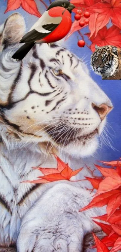 White tiger with red leaves and a bird on a blue background.