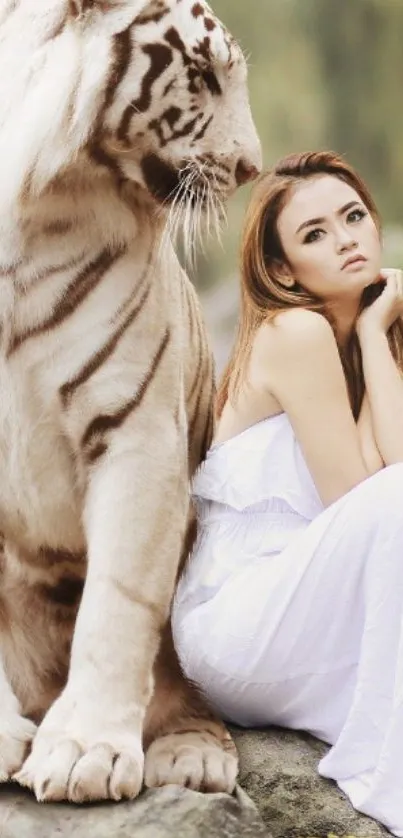 Majestic white tiger beside a serene woman in a natural setting wallpaper.