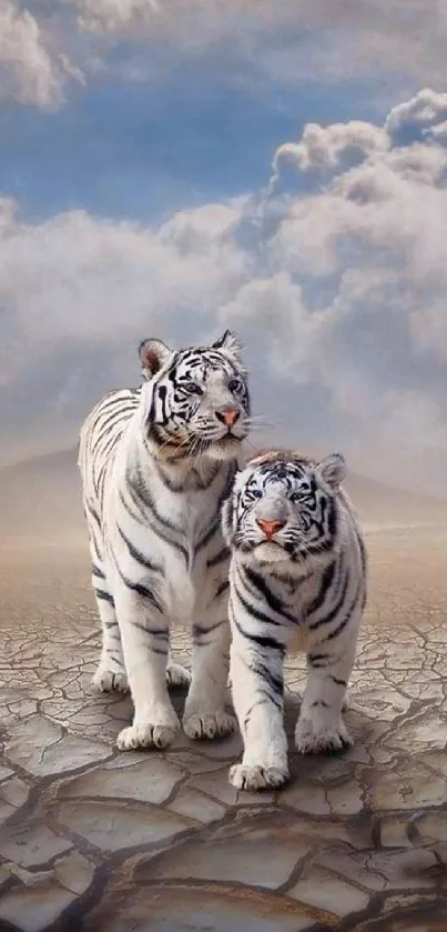 Two white tigers walking on cracked desert under a cloudy blue sky.