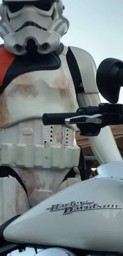 Stormtrooper with Harley Davidson motorcycle.