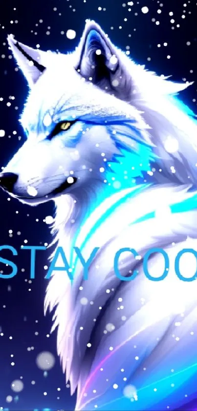 White wolf with glowing blue accents and 'Stay Cool' text.