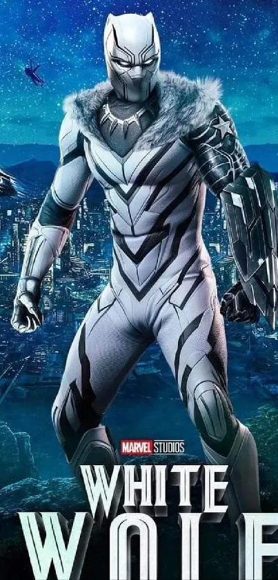 White Wolf superhero stands against a vibrant night cityscape.