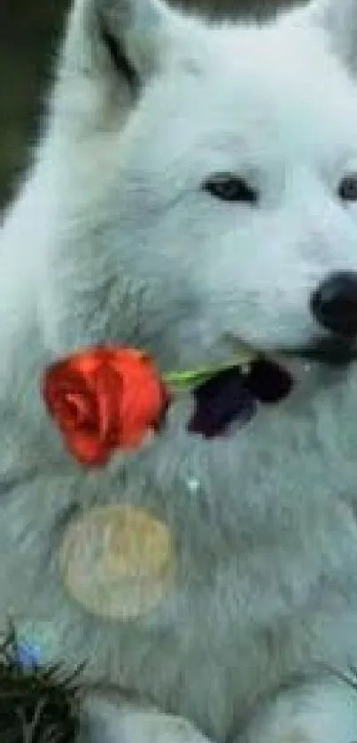 White wolf holding a red rose in a serene natural setting.