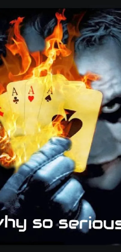 Joker holding fiery playing cards with 'Why So Serious?' text.