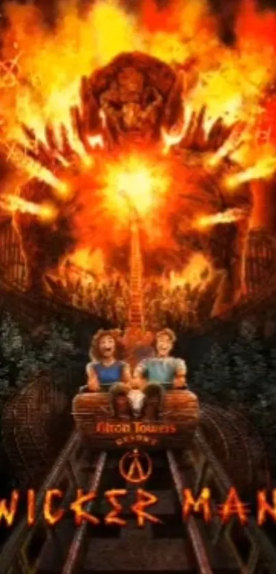 Fiery Wicker Man ride wallpaper with roaring flames and thrill seekers on a coaster.