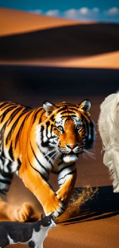 Tiger, dog, and cat running in a vibrant desert landscape.