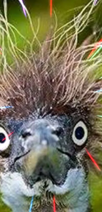 Close-up of a unique wild bird with striking feathers on a green background.