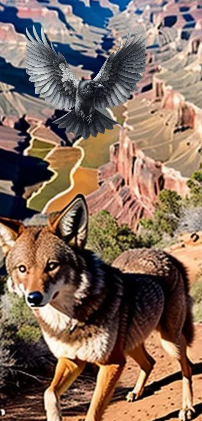 Coyote and raven over a stunning canyon landscape, showcasing wildlife and nature.