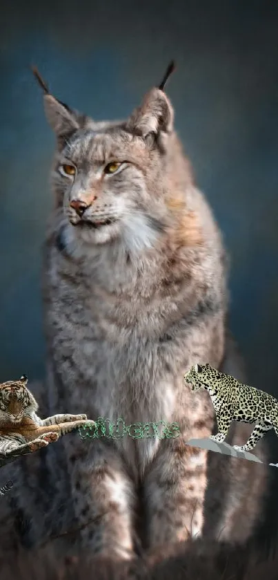 Majestic lynx with artistic wildlife elements on a dark background.