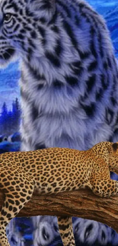 Snow leopard and jaguar in a serene blue forest backdrop.