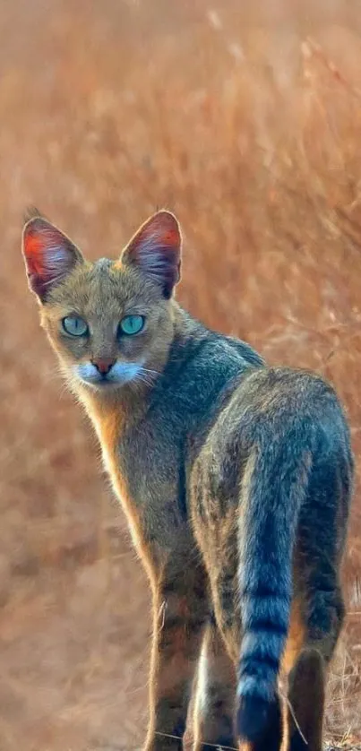 Wild cat with blue eyes standing in tall grass.