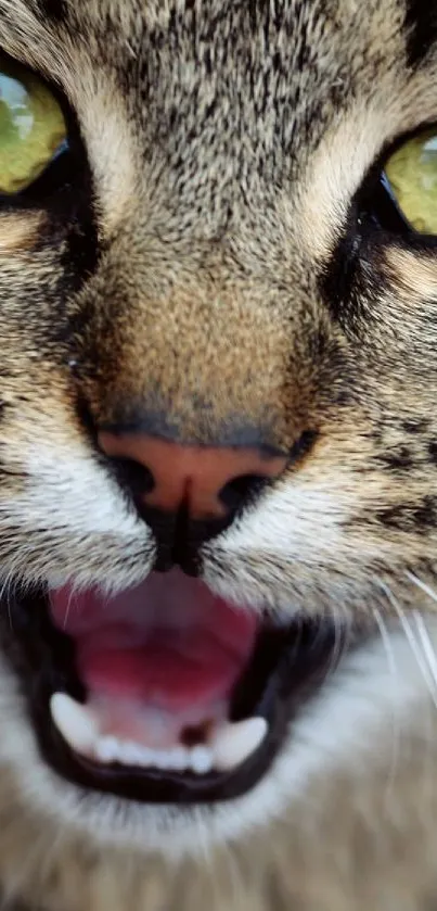 Close-up of a roaring wild cat with striking green eyes.