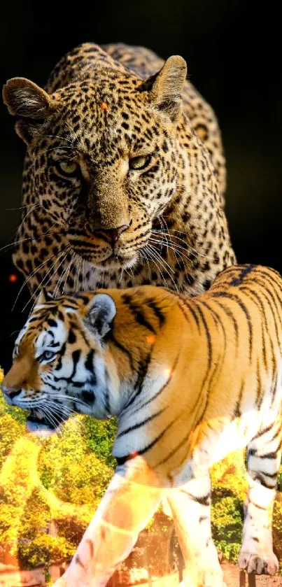 Leopard and tiger walking together in a lush green forest background.