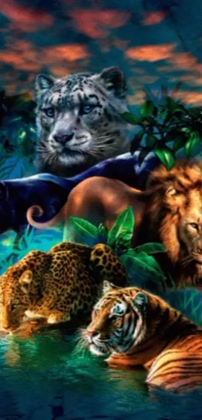 Colorful jungle wallpaper with wild cats in fantasy art style.