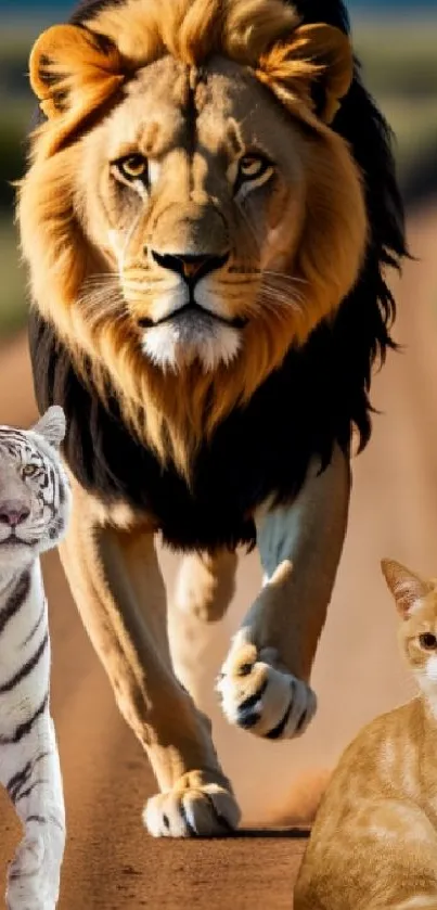 Lion, tiger, and cat on a dirt road.