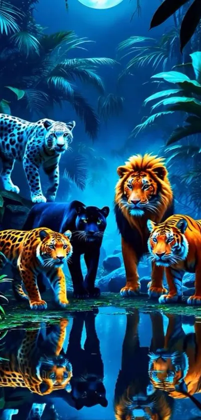 Wild cats under a moonlit sky in the jungle, reflecting in water.
