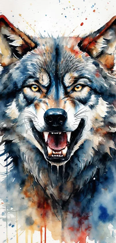 Expressive watercolor wolf painting with vibrant colors.