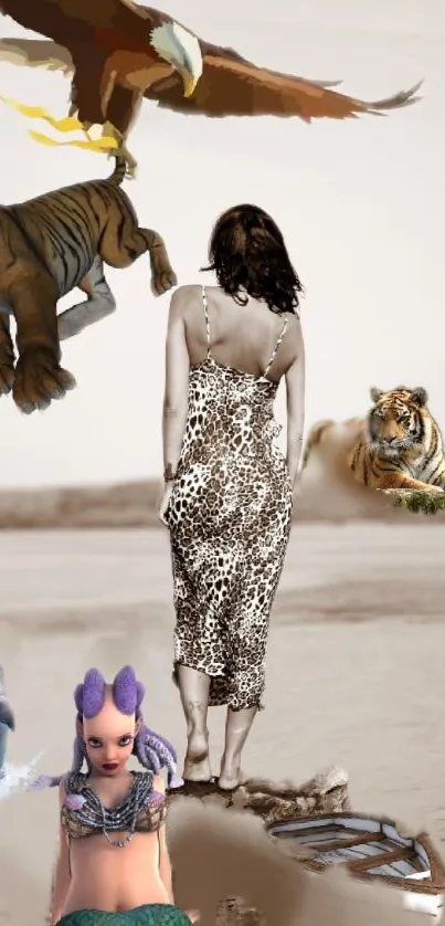 Fantasy art wallpaper with wildlife and woman in nature.
