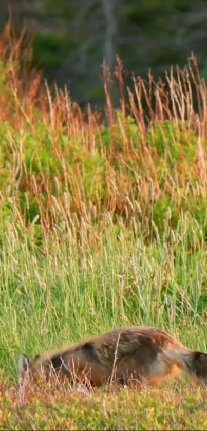 A wild fox camouflaged in lush green and brown grass.