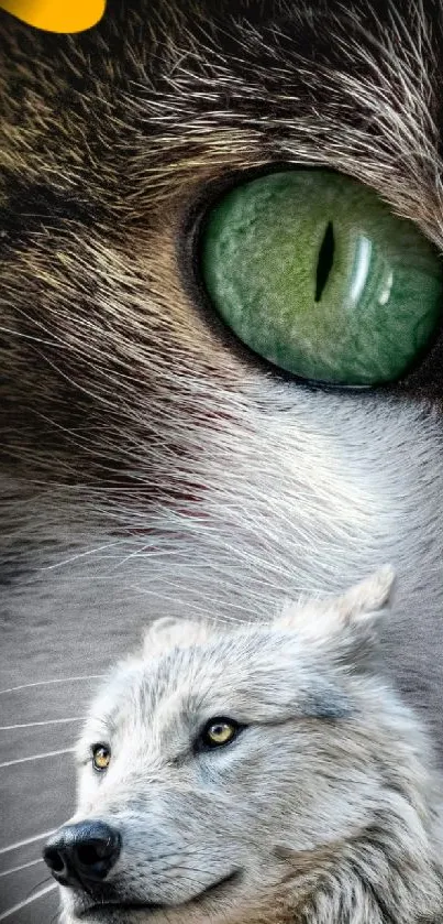 Mobile wallpaper featuring a wolf and cat's eye.