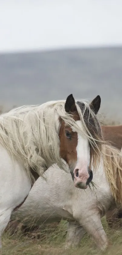 Wild horses roam freely in a grassy pasture, showcasing natural beauty and tranquility.