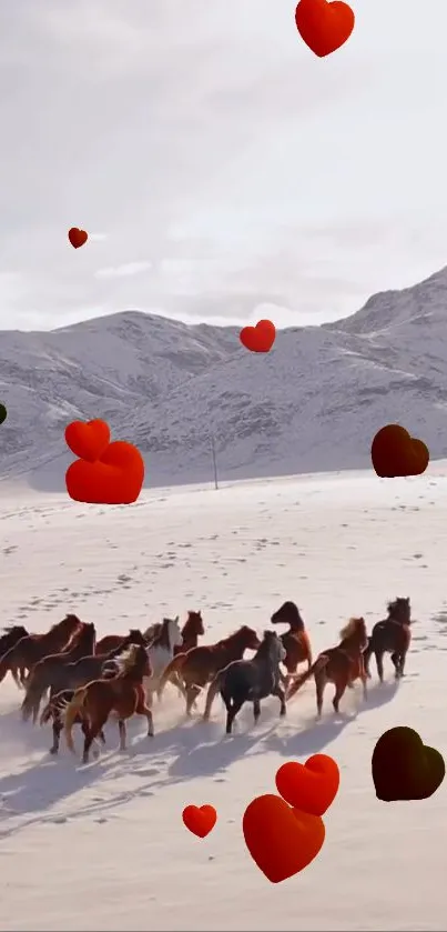 Wild horses run in snow with hearts floating.