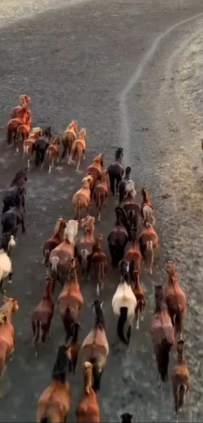 Aerial view of wild horses running on a rugged path.