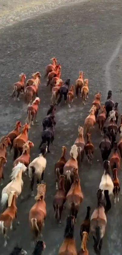 Aerial view of running wild horses on an earthy terrain.