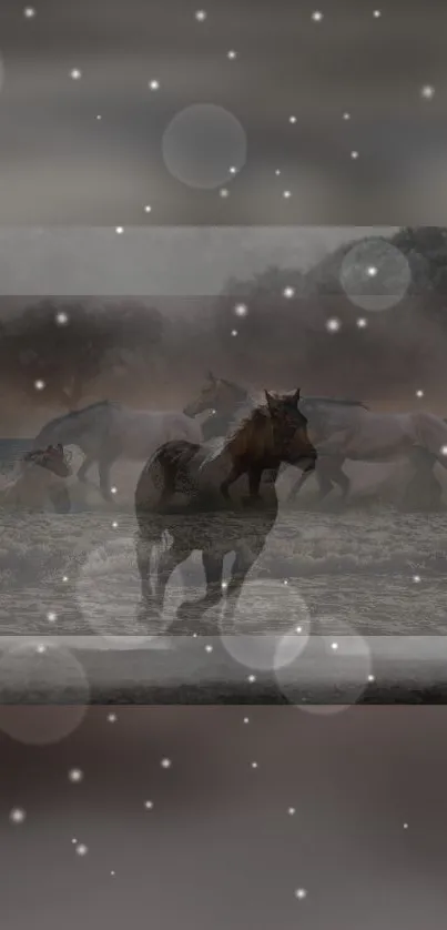 Wild horses gallop in a mystical starry landscape wallpaper.