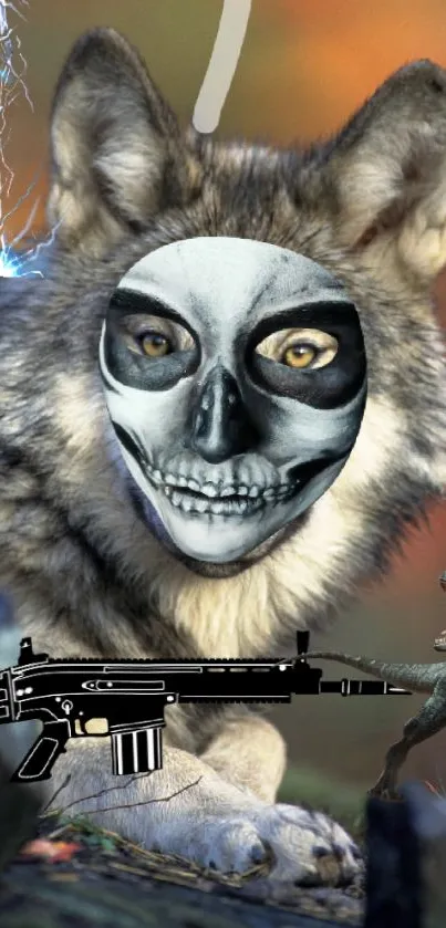 Fantasy wolf with skull face and dinosaur in dynamic art design.