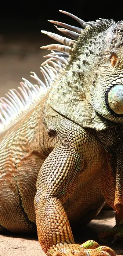 Close-up of a vibrant iguana on desert ground.