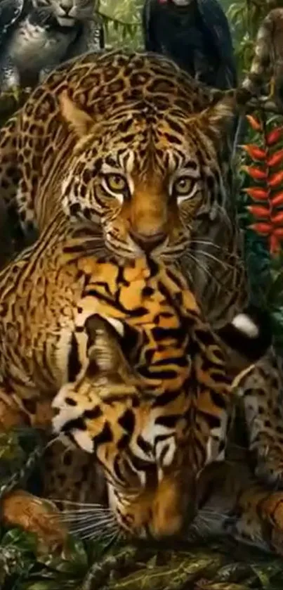 Leopard in a vibrant jungle setting with lush greenery.
