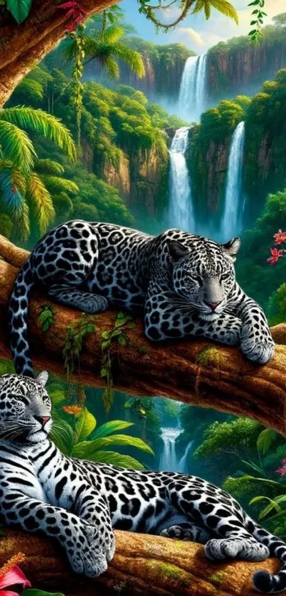 Jungle scene with leopards and waterfall
