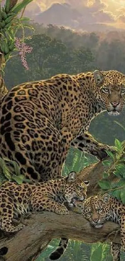 Leopard and cubs resting on tree in lush green jungle.