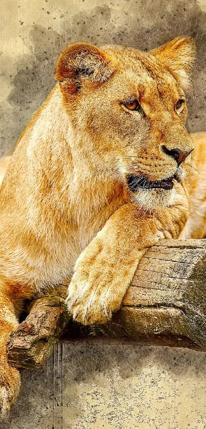 Lion resting on a wooden log in watercolor style.