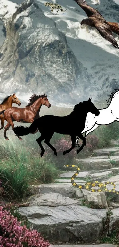 Horses running in mountain landscape wallpaper.