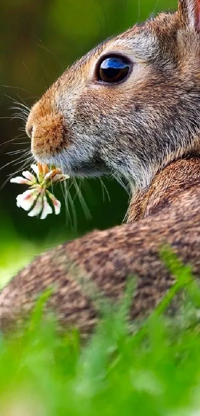 Wild rabbit with flower in lush green field.