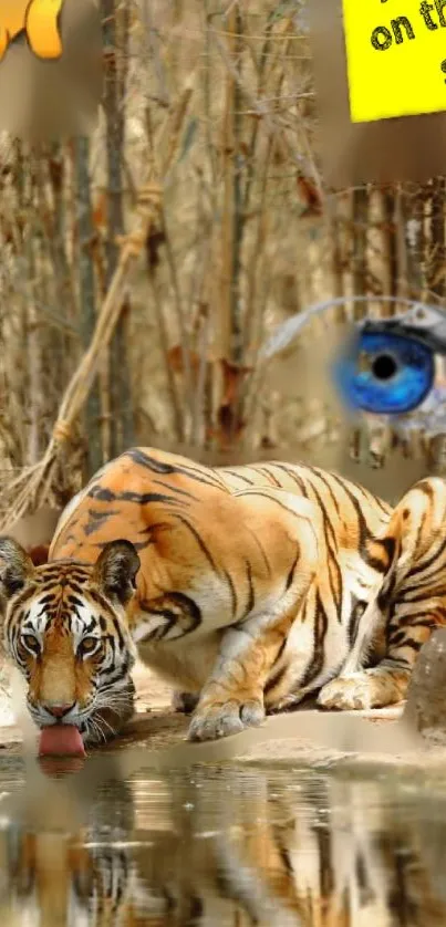 Majestic tiger drinking by a river in a bamboo forest.