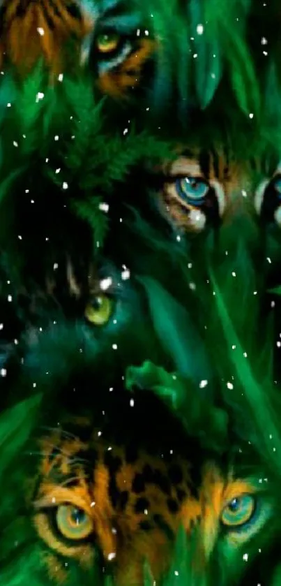 Wild tiger eyes amidst green foliage on mobile wallpaper.