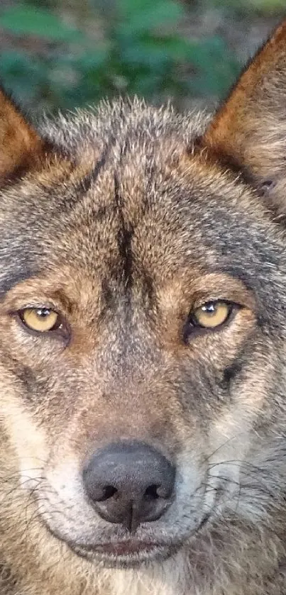 Close-up of a wild wolf in a lush green forest.