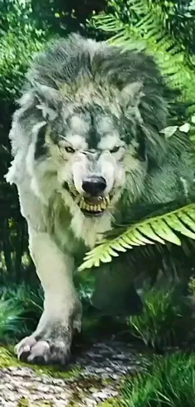 Majestic wolf prowling in a lush green forest wallpaper.