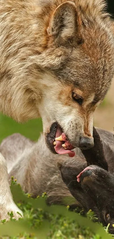 Two wolves interacting in a lush forest setting, showcasing their wild nature.