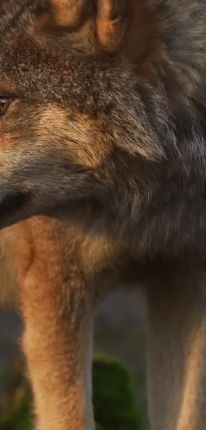 Majestic wolf standing in a forest setting.