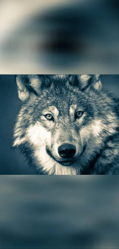 Majestic wild wolf portrait wallpaper for smartphones, showcasing nature's beauty.