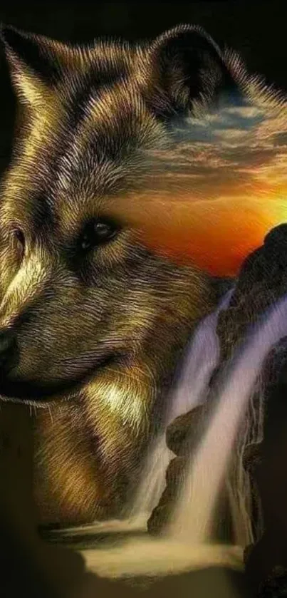 Artwork of a wolf with waterfall and sunset in a mystical setting.