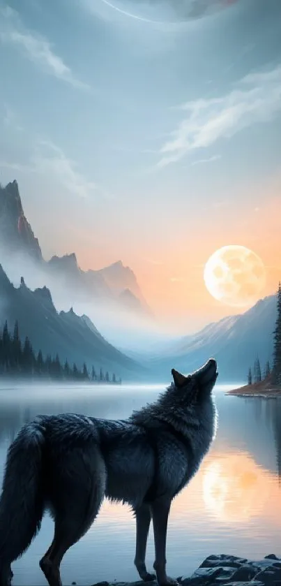 Wolf by mountain lake under moonlit sky with reflections on water.